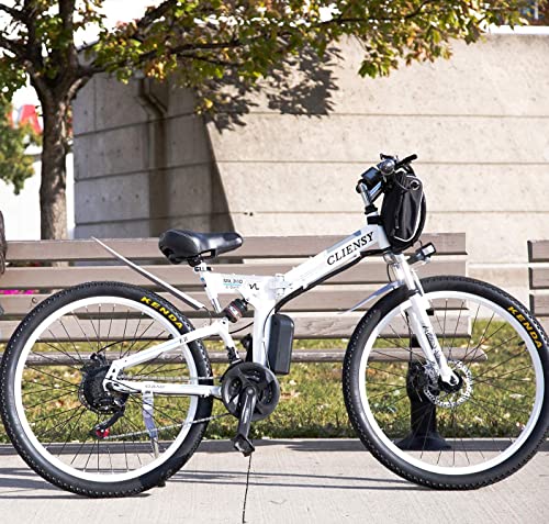 CLIENSY 26 Inch Electric Bike, 550W Folding Ebike with Removable 36V 12.5AH Lithium Battery for Adults, 21 Speed Shifter (White)