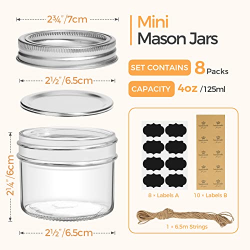 Mini Mason Jars 4oz - 8 Pack, Regular Mouth