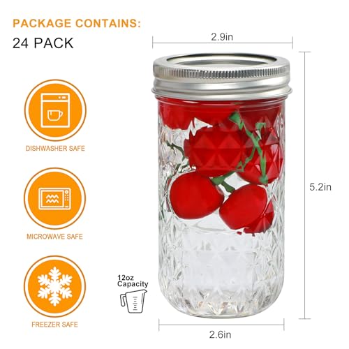 12oz Mason Jars with Airtight Lids, 24 Pack