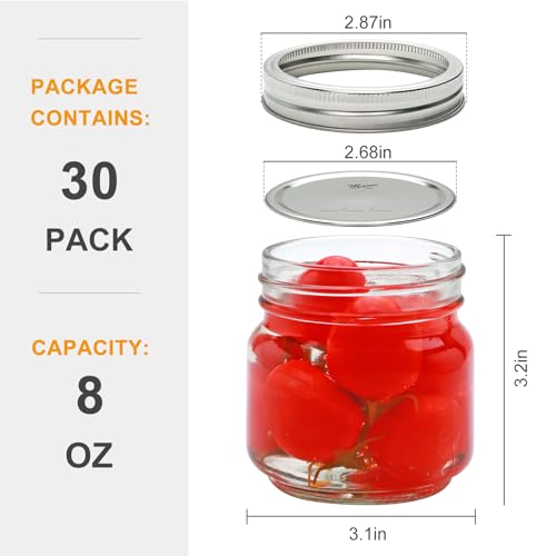30 Pack 8 oz Glass Mason Jars with Silver Lids