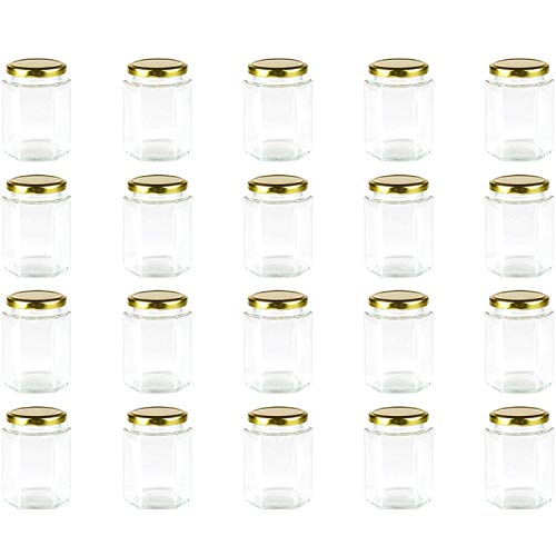 Encheng 10oz Hexagon Glass Jars with Golden Lids