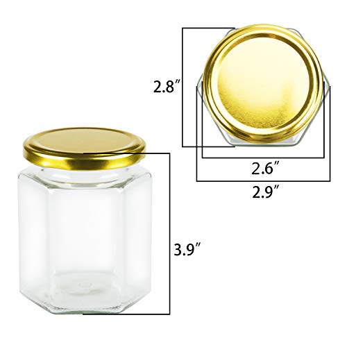 Encheng 10oz Hexagon Glass Jars with Golden Lids