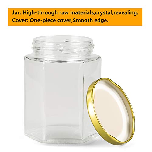 Encheng 10oz Hexagon Glass Jars with Golden Lids