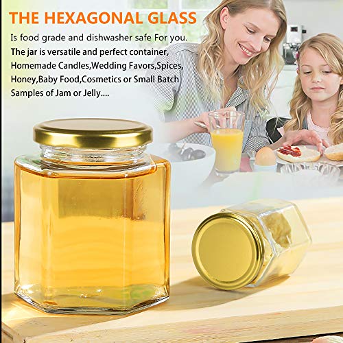 Encheng 10oz Hexagon Glass Jars with Golden Lids