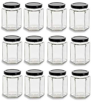 12 Hexagon Glass Jars with Black Lids - 270 ml