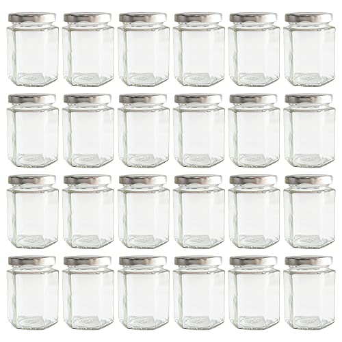 Hexagon Glass Jars, 24 pack with Silver Lids