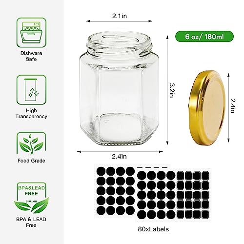 30 Pack 6 oz Hexagon Glass Jars with Gold Lids