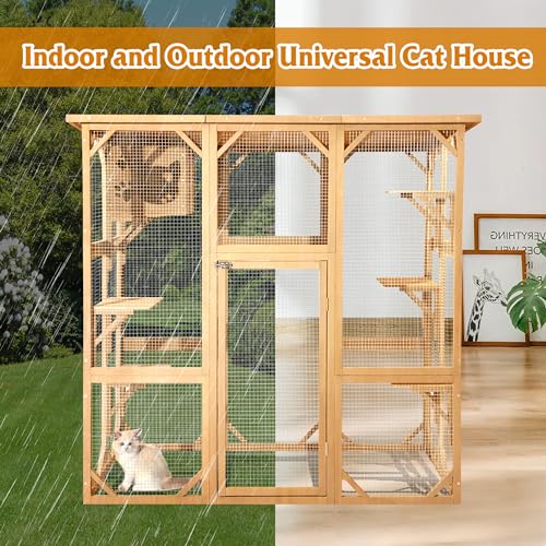 Large Wooden Cat House with Weatherproof Outdoor Enclosure