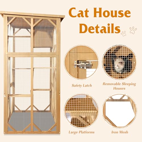 Large Wooden Cat House with Weatherproof Outdoor Enclosure