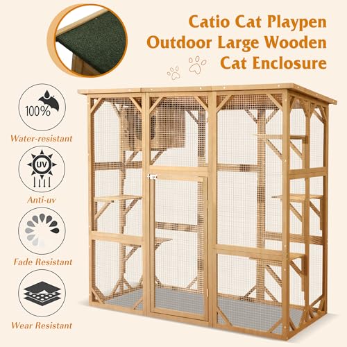 Large Wooden Cat House with Weatherproof Outdoor Enclosure