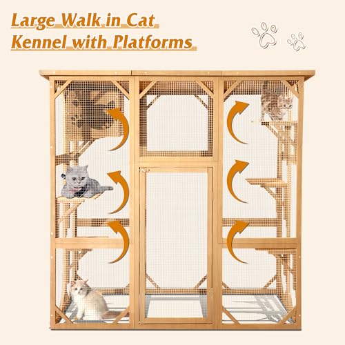 Large Wooden Cat House with Weatherproof Outdoor Enclosure