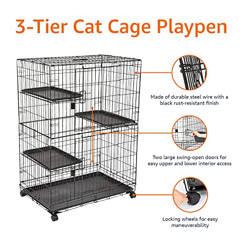 Large 3-Tier Cat Playpen - Black, 35.8"L x 22.4"W x 50.6"H