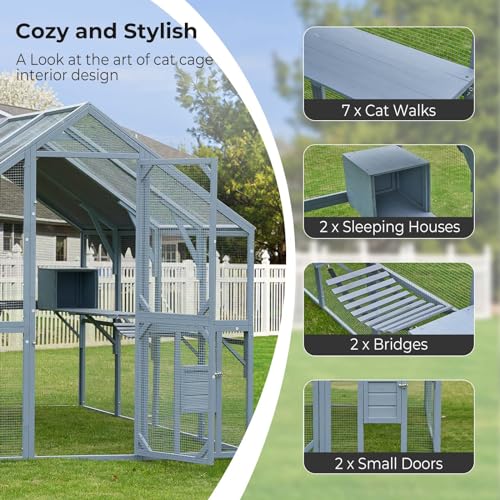 Large Wooden Catio with Waterproof Cover for Multiple Cats
