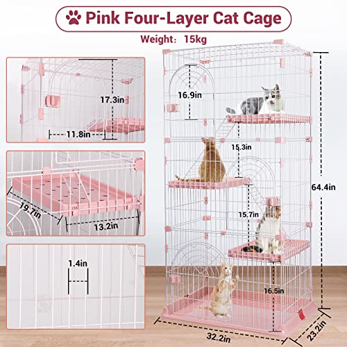 64" 4-Tier Wire Cat Cage Playpen Kennel, Pink