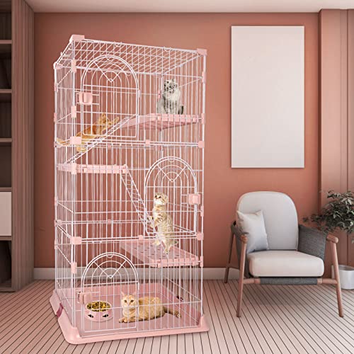 64" 4-Tier Wire Cat Cage Playpen Kennel, Pink