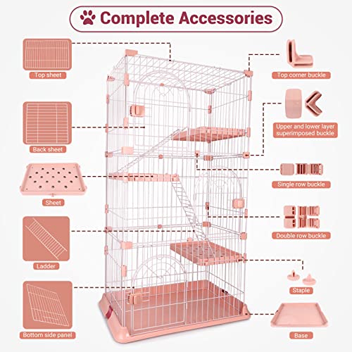 64" 4-Tier Wire Cat Cage Playpen Kennel, Pink