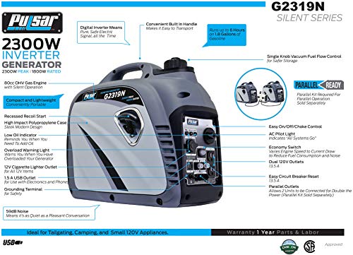 Pulsar G2319N 2,300W Portable Gas-Powered Inverter Generator with USB Outlet & Parallel Capability, CARB Compliant, Gray