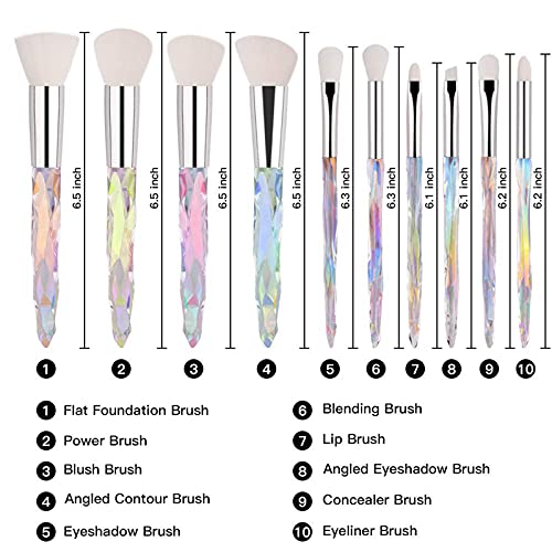 10pcs Rainbow Crystal Handle Makeup Brush Set