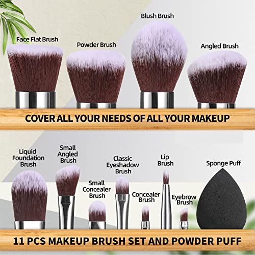 11Pcs Bamboo Synthetic Kabuki Makeup Brush Set with Organizer