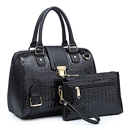 Black Croco Vegan Leather Barrel Satchel Handbag
