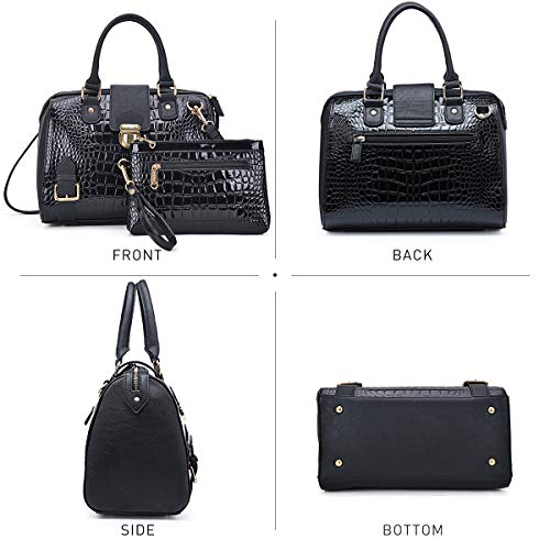 Black Croco Vegan Leather Barrel Satchel Handbag