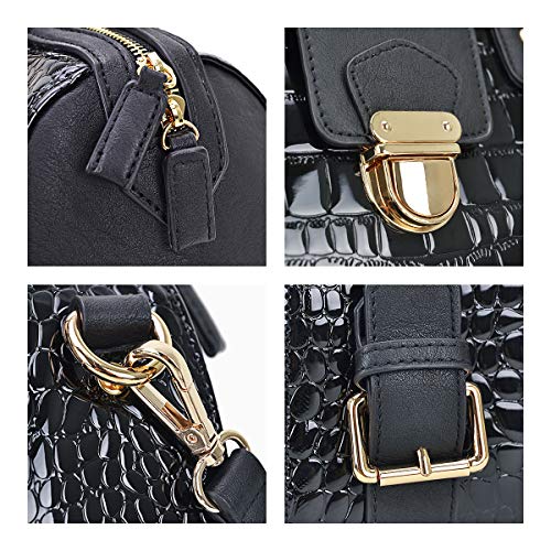 Black Croco Vegan Leather Barrel Satchel Handbag