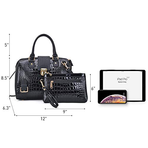 Black Croco Vegan Leather Barrel Satchel Handbag