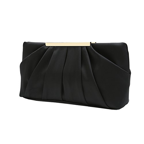 Black Satin Pleated Clutch Evening Handbag for Women
