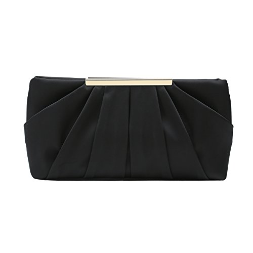 Black Satin Pleated Clutch Evening Handbag for Women