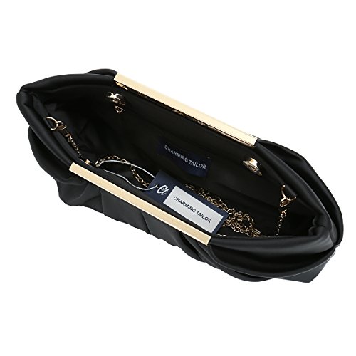 Black Satin Pleated Clutch Evening Handbag for Women