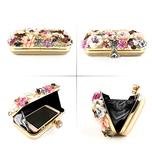 Gold Flower Evening Clutch with Chain Strap Handbag