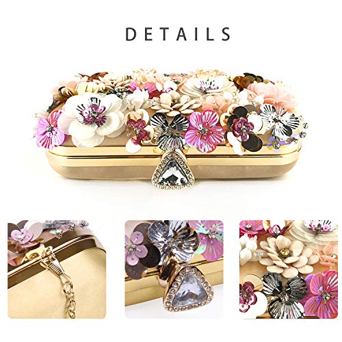 Gold Flower Evening Clutch with Chain Strap Handbag