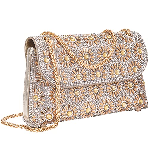 Champagne Rhinestone Evening Clutch Purse with Chain