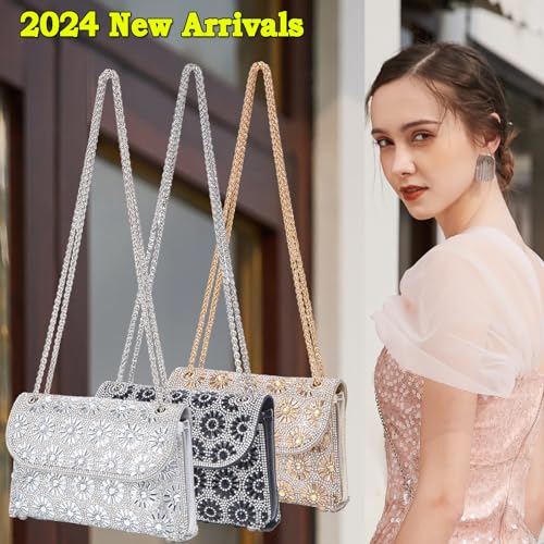 Champagne Rhinestone Evening Clutch Purse with Chain