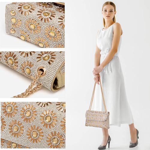 Champagne Rhinestone Evening Clutch Purse with Chain