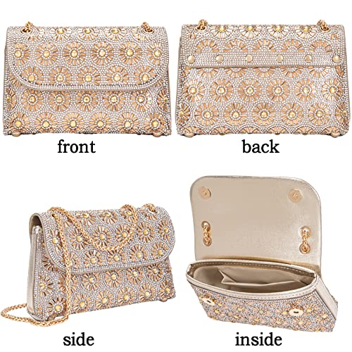 Champagne Rhinestone Evening Clutch Purse with Chain