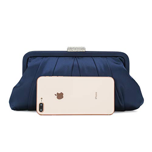 Navy Satin Clutch Bag with Diamante Embellishment
