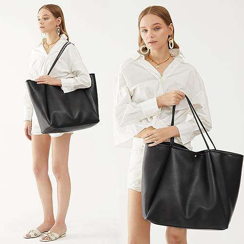 Oversize Vegan Leather Weekender Tote Handbag in Black