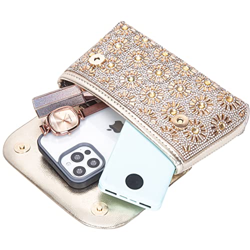 Champagne Rhinestone Evening Clutch Purse with Chain