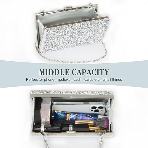 Covelin Rhinestone Evening Clutch Bag Silver Diamond Chain