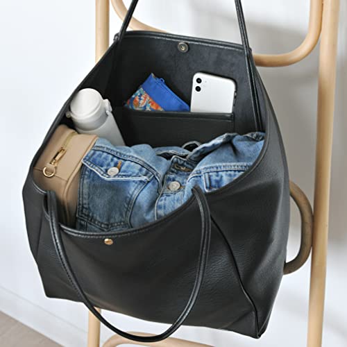 Oversize Vegan Leather Weekender Tote Handbag in Black