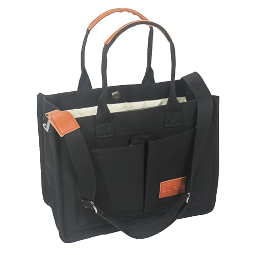 ZHMO Black Canvas Tote Bag with Crossbody Pockets