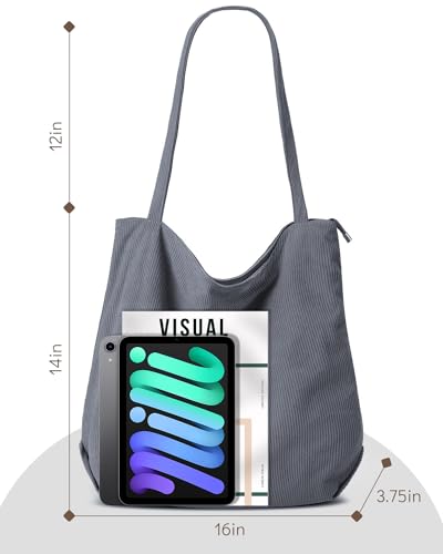 Iioscre Corduroy Tote Bag with Zipper, Large Capacity