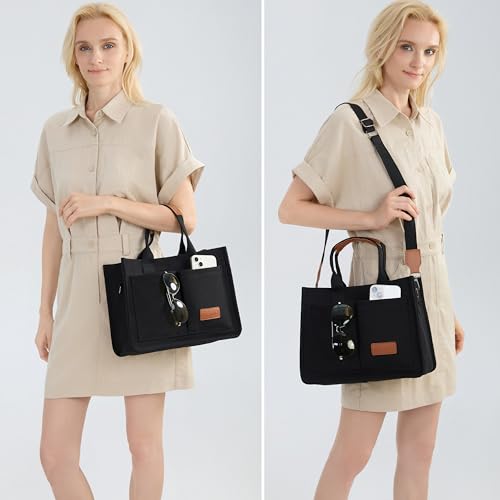 ZHMO Black Canvas Tote Bag with Crossbody Pockets