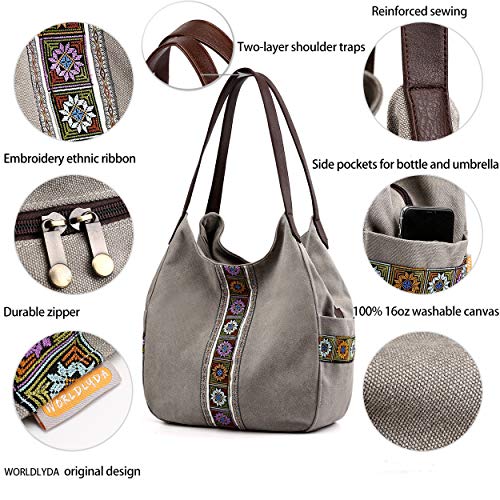 Worldlyda Women Canvas Shoulder Bag with Embroidery