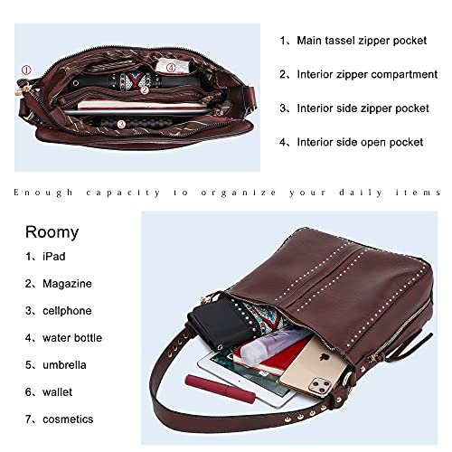 Montana West Women's Studded Leather Hobo Crossbody Handbag