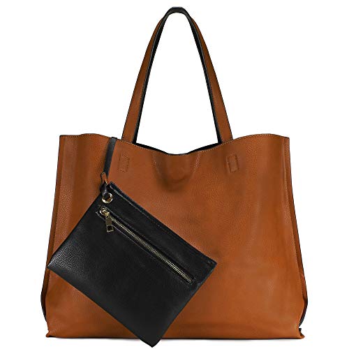 Reversible Leather Tote Bag for Women - Camel/Black