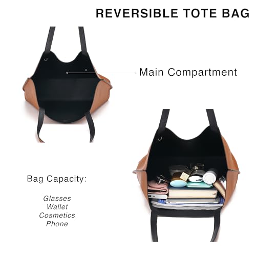 Reversible Leather Tote Bag for Women - Camel/Black