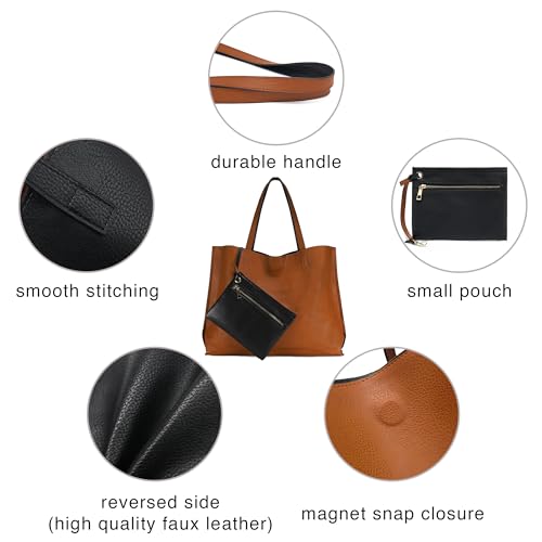 Reversible Leather Tote Bag for Women - Camel/Black