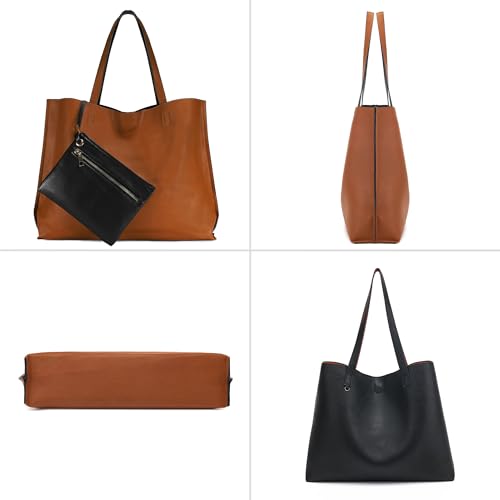 Reversible Leather Tote Bag for Women - Camel/Black